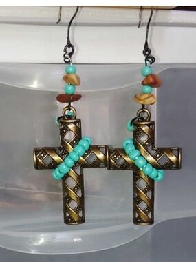 New Handmade Southwestern Cross Earrings turquoise beads wire hook earrings